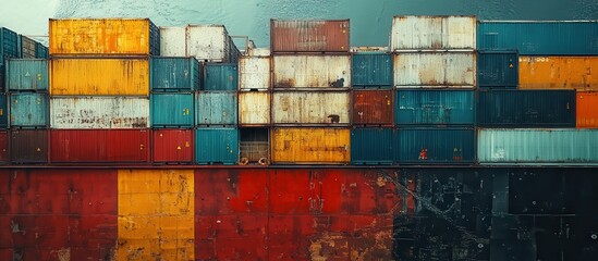 Fototapeta premium Colorful Shipping Containers Stacked at a Port, Creating a Vibrant Industrial Scene with Reflections on Water