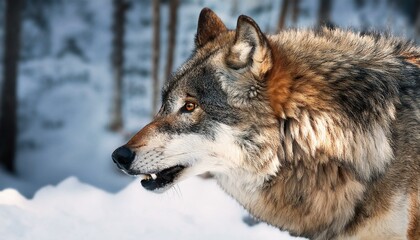 portrait of an angry wolf in a winter forest