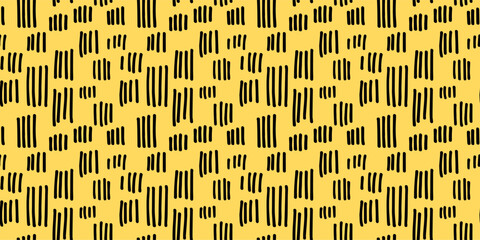 Hand drawn small dash seamless black and yellow doodle pattern with irregular dashes. Playful and modern design, perfect for textiles, packaging, wallpapers, and branding projects. Vector illustration