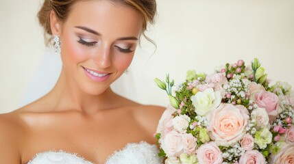 Naklejka premium Bride smiling, holding bouquet, wedding day, soft background, wedding website