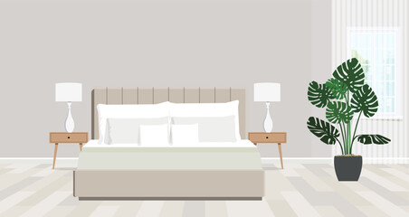 Illustration stylish contemporary bedroom interior with houseplant and comfortable bed