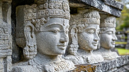Obraz premium Ancient stone faces, temple relief, Indonesia, lush garden background