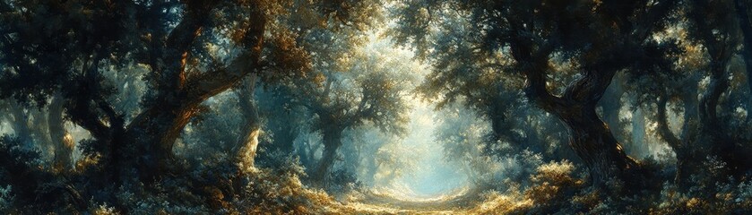 Fototapeta premium Enchanting Forest Pathway with Sunlight Filtering Through Ancient Trees Creating a Mystical and Serene Atmosphere