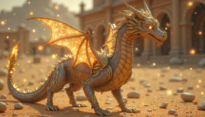 Obraz premium Golden dragon made of sand amidst ancient desert ruins, mystical magic