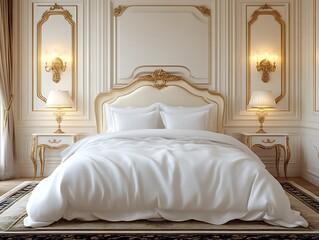 Luxurious bedroom with white bedding, gold accents, and classic decor.