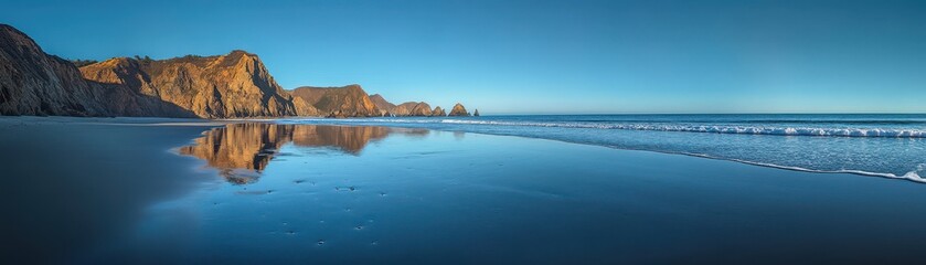 Fototapeta premium Stunning Coastal Landscape with Rocky Cliffs and Calm Ocean Waves at Sunset in a Panoramic View