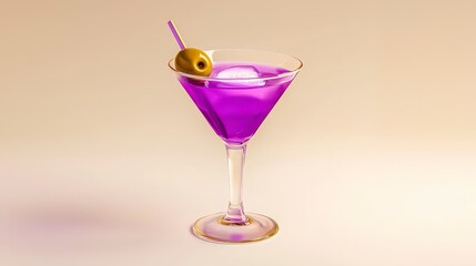 Vibrant Purple Cocktail with Ice and Olive in Elegant Glass
