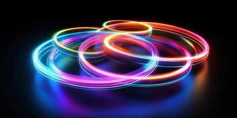 Colorful, swirling neon rings radiate brightly in the dark, creating an eyecatching, striking 3D effect on a beautifully reflective surface, capturing the viewers attention completely