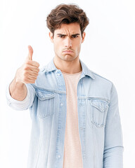 Fototapeta premium Frustrated young man with thumbs up studio portrait neutral background emotion