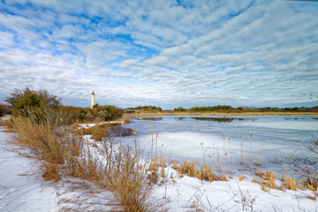 Cape May Lighthouse and Pond in winter