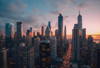 Obraz premium Skyscrapers Silhouetted Against a Twilight Cityscape