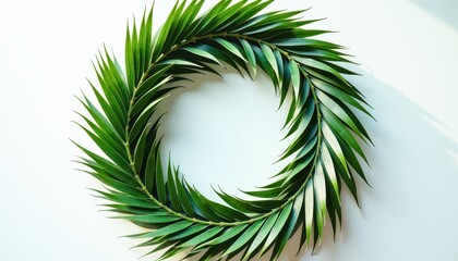 A circular wreath made of green palm leaves arranged in a spiral pattern on a white background, symbolizing Palm Sunday, a Christian feast commemorating Jesus' entry into Jerusalem with palm branches