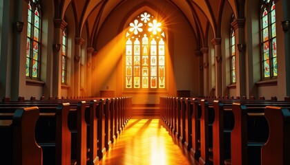 Fototapeta premium Sunlit church interior with wooden pews and colorful stained glass windows casting warm beams of light, creating a serene and spiritual atmosphere, perfect for Palm Sunday reflection