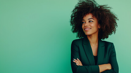 Afro business woman looking happy looking at empty space, confident black woman in green suit on a background with copy space