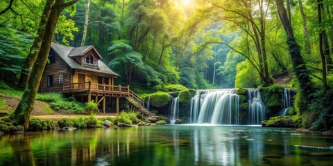 Fototapeta premium Serene forest surroundings with a secluded fishing lodge situated near a crystal-clear waterfall , trees