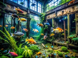 Naklejka premium Vibrant Tropical Fish in Abandoned Aquarium, Urban Exploration Photography