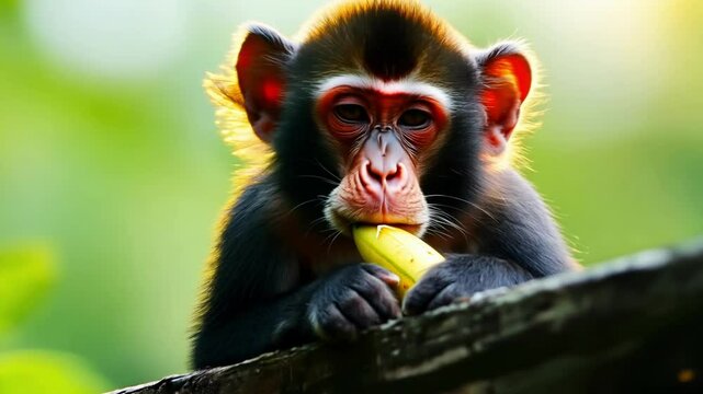 A curious monkey holding a banana in a lush green setting. Its playful expression highlights intelligence and the wonders of wildlife behavior.