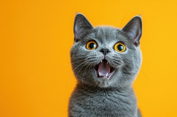 Playful grey cat with wide eyes expressing surprise against a vibrant orange backdrop showcasing its lively personality and charming features