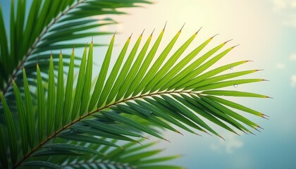 Fototapeta premium Close-up of green palm fronds with water droplets on them, set against a blurred background with soft light. The image evokes the tranquility and freshness of nature, relevant to Palm Sunday