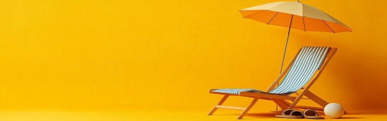 A striped beach chair with an umbrella, sandals, and a ball set against a bright yellow background. Perfect for vacation, summer, and travel-themed content.