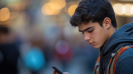 Young Man Using Smartphone in Urban Environment with Blurry Background