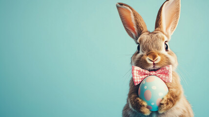 Fototapeta premium Easter bunny holding a colorful easter egg on a blue background with copy space