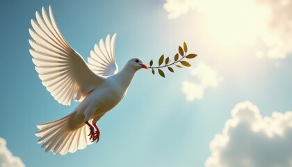 Fototapeta premium A white dove with outstretched wings is flying in a clear blue sky, holding an olive branch in its beak. The sun shines brightly, illuminating the bird and creating a peaceful, serene scene