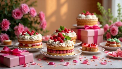 Beautifully set table with vibrant cakes and sweet treats celebrating International Women's Day with gifts
