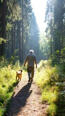 Fototapeta premium Older man walking with dog through a sunlit forest path surrounded by tall trees in the morning