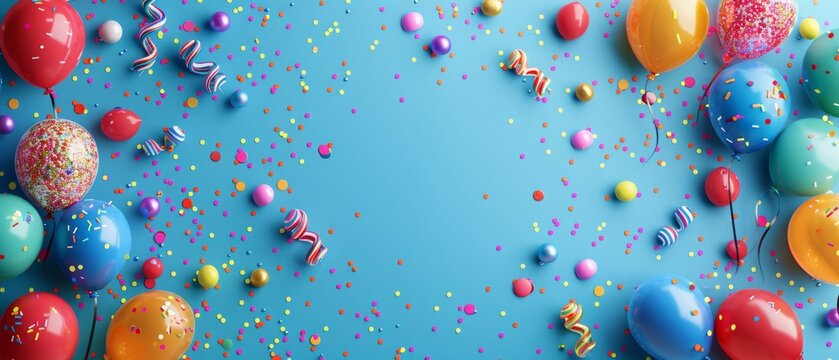 Background with brightly coloured balloons and confetti, ideal for creating festive greetings, posters or covers for themed events.