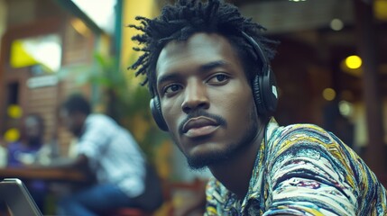 Obraz premium Portrait of a Young Man with Headphones in a Cozy Cafe Setting