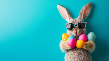 Fototapeta premium A cute easter bunny wearing sunglasses holding some colorful easter eggs on a blue background with copy space