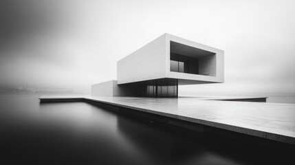 Modern minimalist house on a pier over a misty lake