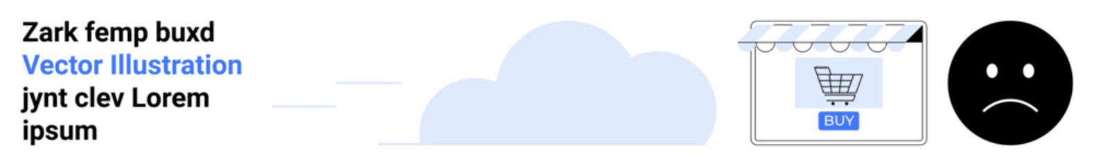 Black sad face, small storefront with empty shopping cart, and cloud element suggest disappointment in online shopping. Ideal for e-commerce, frustration, UX issues, digital transactions, product