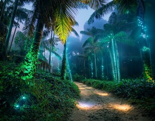 Obraz premium enchanted rainforest a bioluminescent spectacle unfolds in a lush mystical valley palm trees sway gently a dirt road winds invitingly through glowing flora