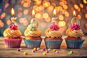 Vintage Birthday Cupcakes: 580 Candles Lit - Stock Photo