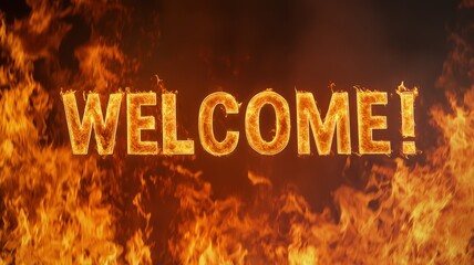 Flaming text spelling "WELCOME!" against a fiery background, creating a dramatic effect.