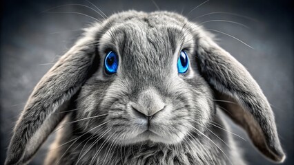 Vintage Black and White Lop Rabbit Headshot, Blue Eyes