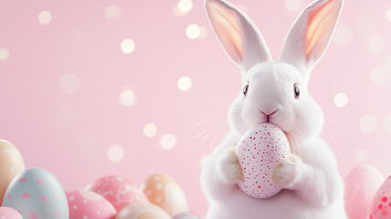 Obraz premium A white easter bunny holding an easter egg on a pink background with copy space