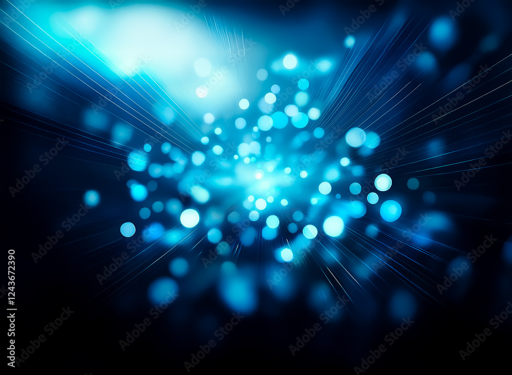 Poster A vibrant blue bokeh background features a bright, central light source, creating a dreamy, abstract atmosphere. Soft, luminous effect with sparkling, blurry lights on a dark backdrop.