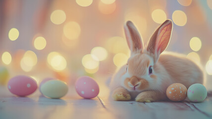 Easter bunny with easter eggs around on an out of focus background with copy space, happy easter