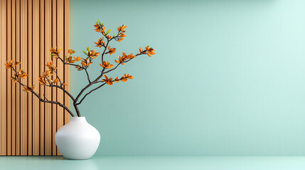Elegant floral arrangement in white vase against mint green wall interior decor minimalistic style modern home environment aesthetic viewpoint serenity and calmness