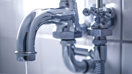 Close-up of a chrome tap with water dripping, great for advertising plumbing and bathroom design.
