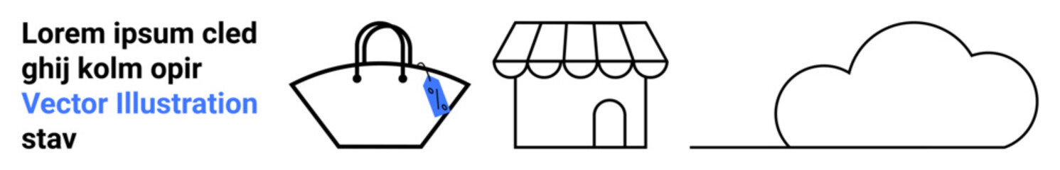 Minimalist shopping bag, storefront with striped roof, and cloud outline. Ideal for e-commerce, retail, online store, cloud storage, technology, digital marketing flat landing page banner