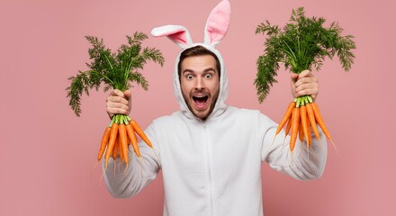 A man dressed in a bunny costume holding a bunch of carrots on a pink background 