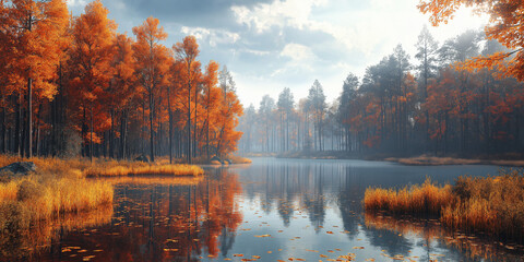 Naklejka premium Autumn reflection serene forest lake nature photography tranquil environment wide angle view seasonal beauty