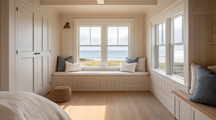 Fototapeta premium Coastal bedroom with window seat, ocean view.