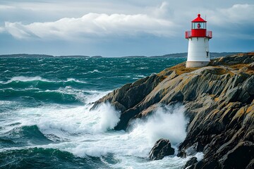 Quiet lighthouse perched on a rocky coast with waves crashing below