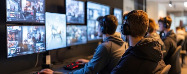 Esports Team Reviewing Strategies on Digital Screens in Training Room
