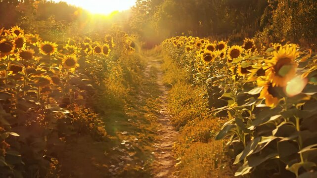 Golden sunlit sunflower pathway in evening glow